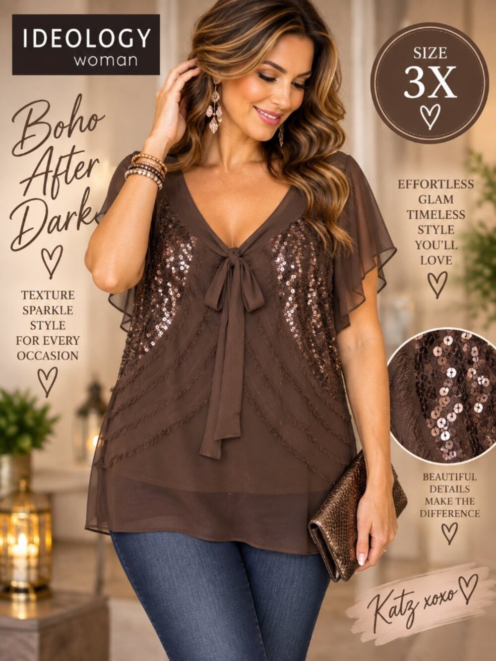 Brown Sequin Blouse 3X Sheer Tie Front Flutter Sleeve Y2K Boho Plus Size Top